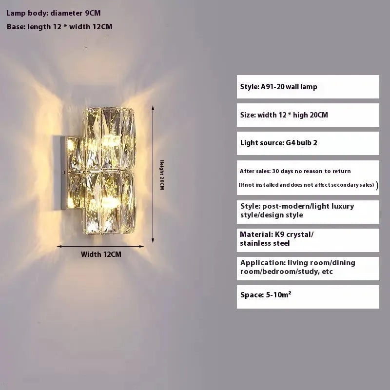 Crystal wall lamp with stainless steel base in chrome or gold finish, LED tricolour lighting, multiple size options