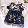 Golden gothic princess-style polyester skirt for cats and dogs showing detailed sizing options