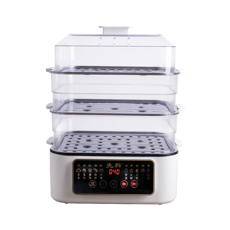 Household electric food steamer with stainless steel rack and compact design
