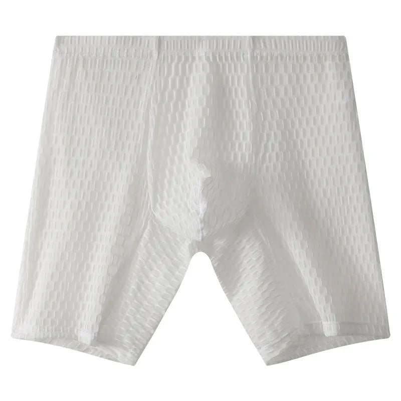 Men's lace boxer shorts in nylon fabric on a mid-waist mannequin, showing transparent knitted construction.
