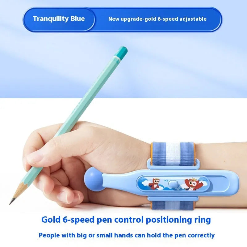 Blue Anti-hook Holder Pen Control Corrector wrist brace on a hand holding a pencil.