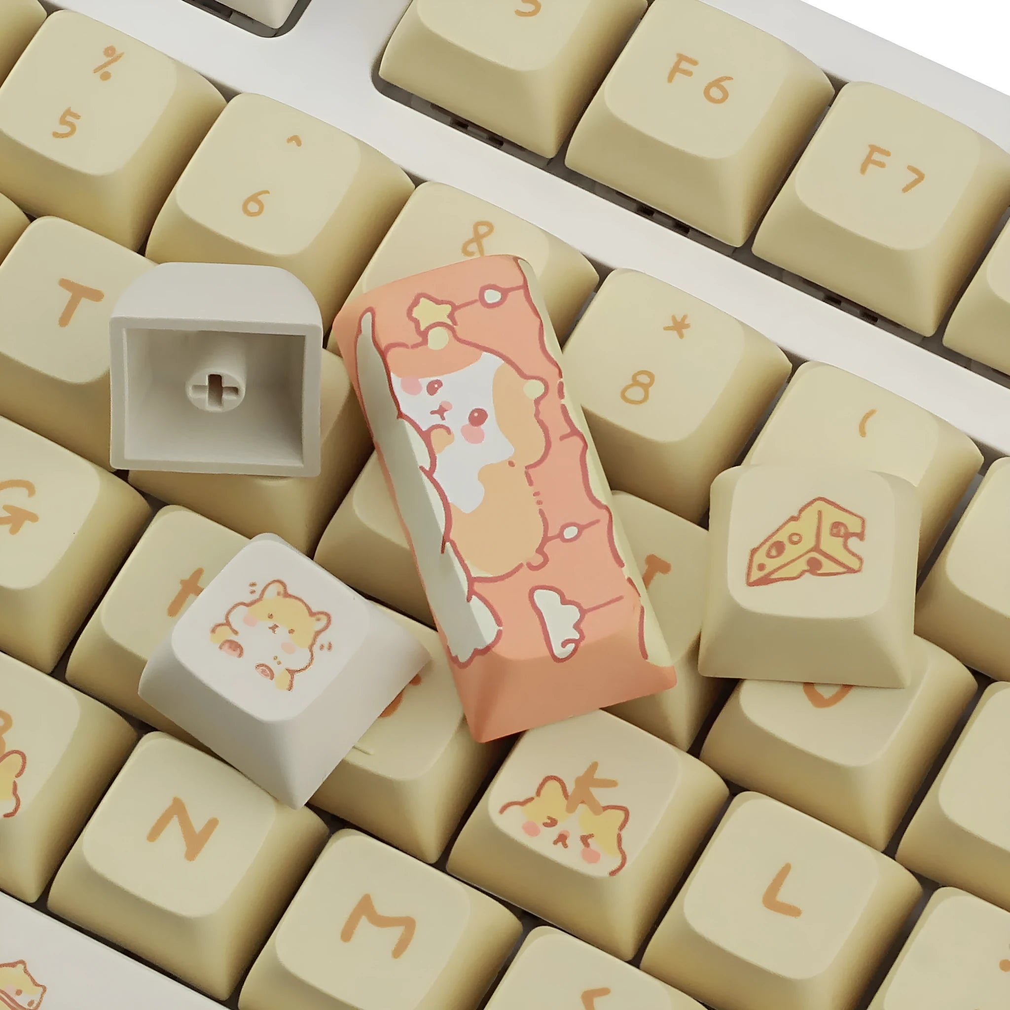 Custard colour mechanical keyboard keycaps with mouse artwork for 68-100% keyboard layouts