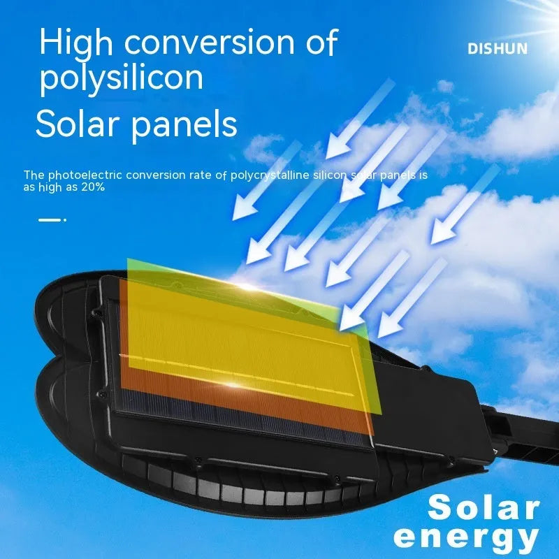 Six-eye sword design solar garden lamp with remote control on a white background.