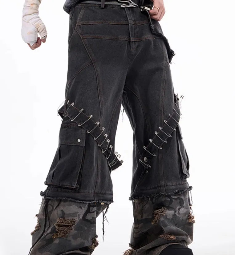 Men's grey jeans with camouflage splicing design and pin ribbon details
