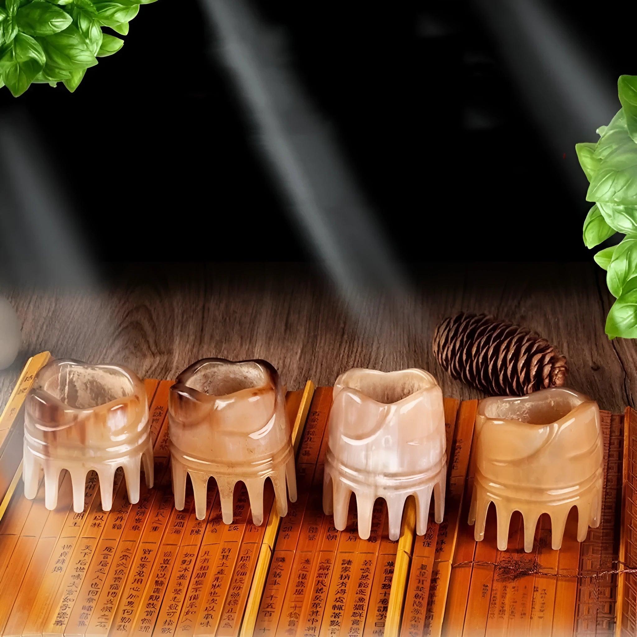 Black and white buffalo horn comb with wide teeth and a pointed end for hair massage and detangling.