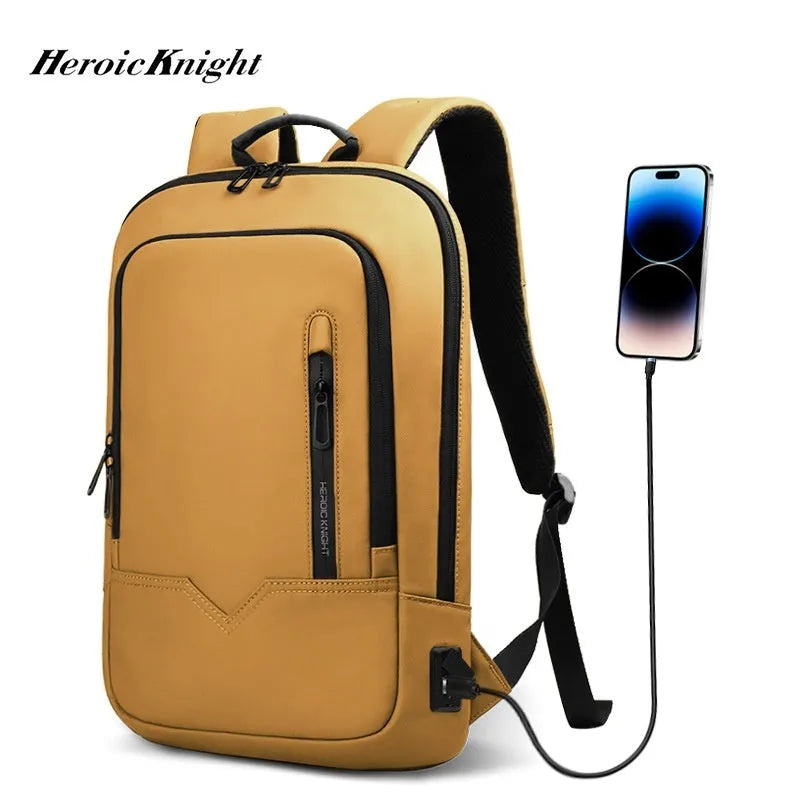 Lightweight polyester laptop backpack with USB charging port in olive green colour