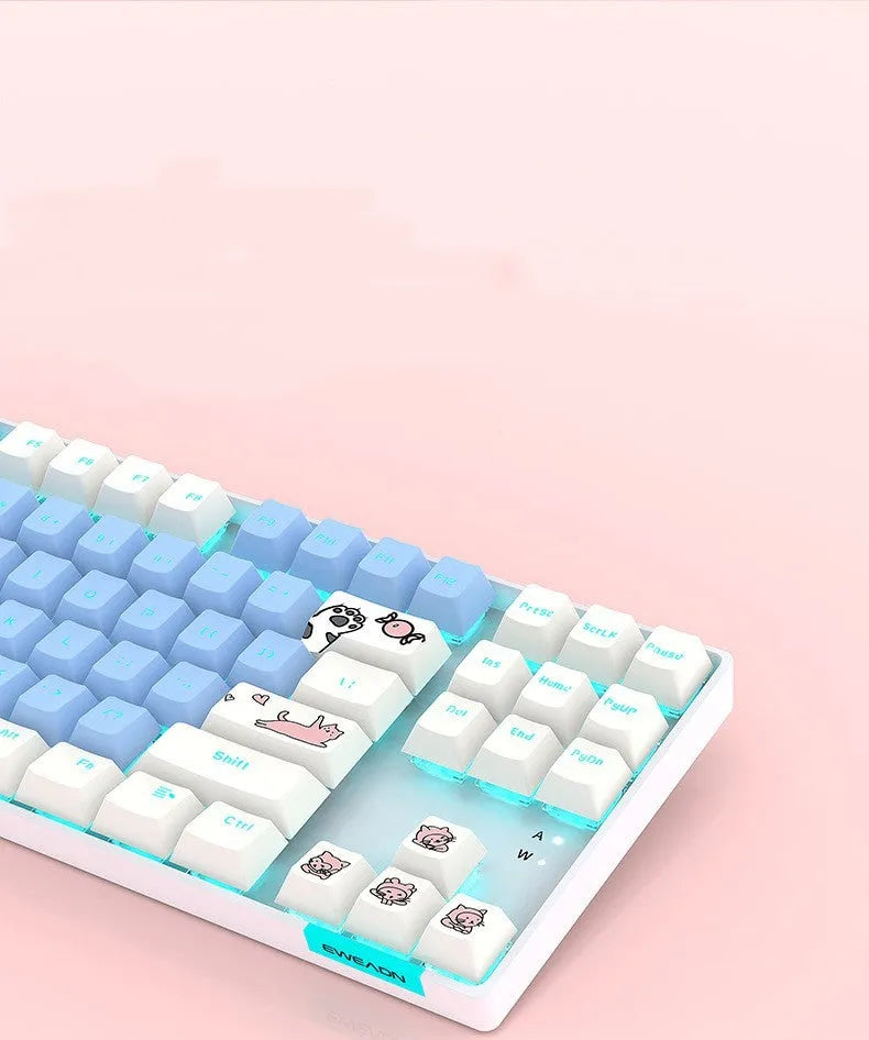 87-key RGB green shaft mechanical keyboard with metal panel, pink and white colour, and cotton hand rest