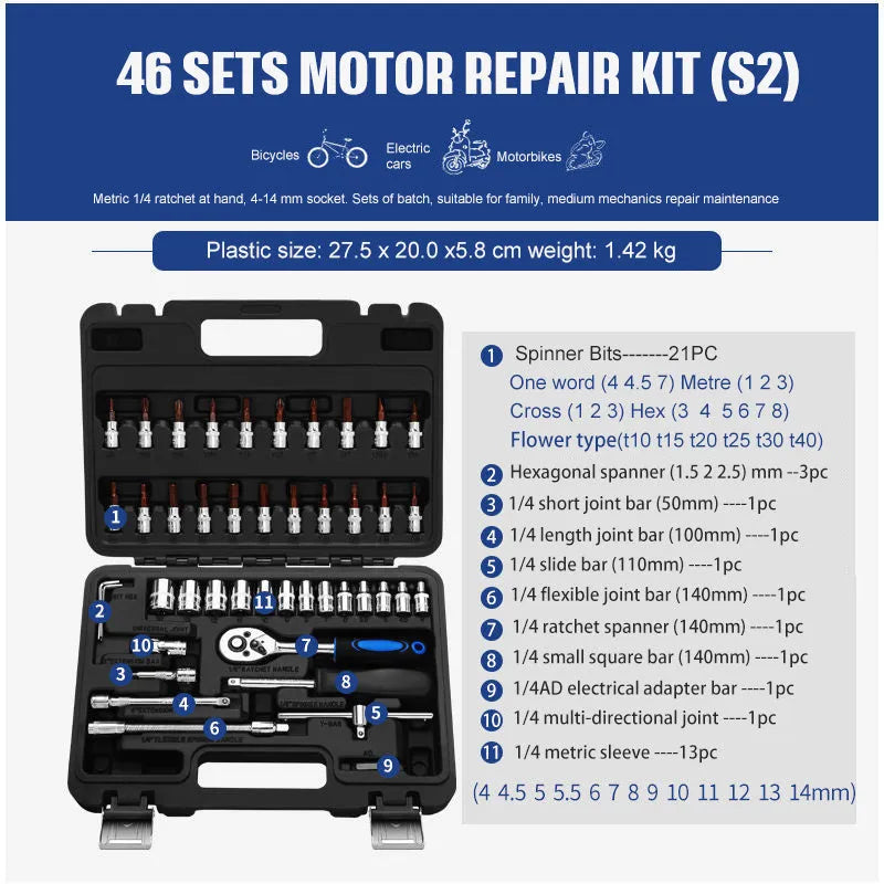 Chromium vanadium steel socket ratchet wrench set with ratchet handle and sockets for repair.