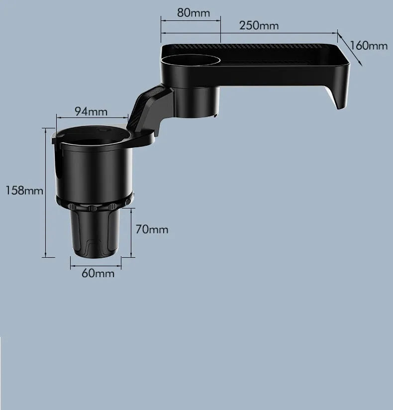 Black car-mounted rotating tray holder with dinner plate surface inserted in vehicle cup holder