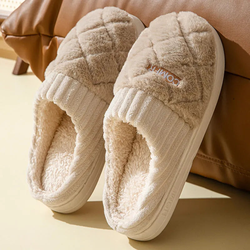 Solid rhombic letter home slippers in thickened plush with EVA sole, available in multiple colours and sizes for men and women