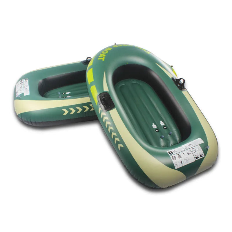 Small green PVC inflatable boat for fishing and rafting, 2-person capacity, 100kg load, multiple air chambers