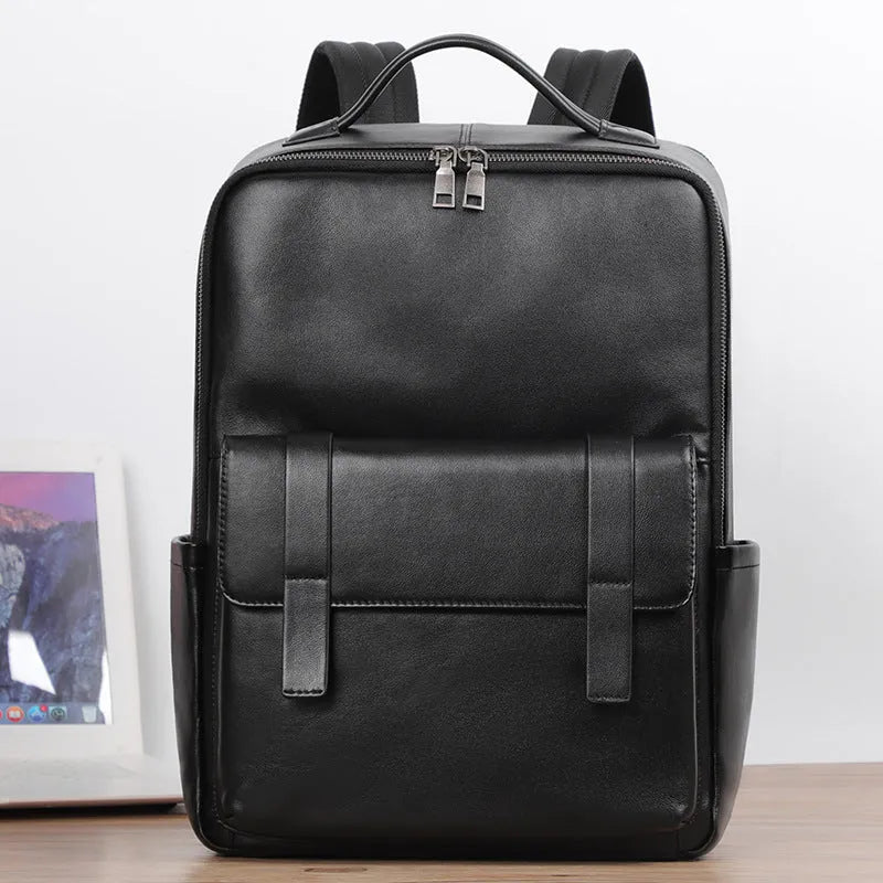 Black genuine leather men's computer backpack with woven details, shown open