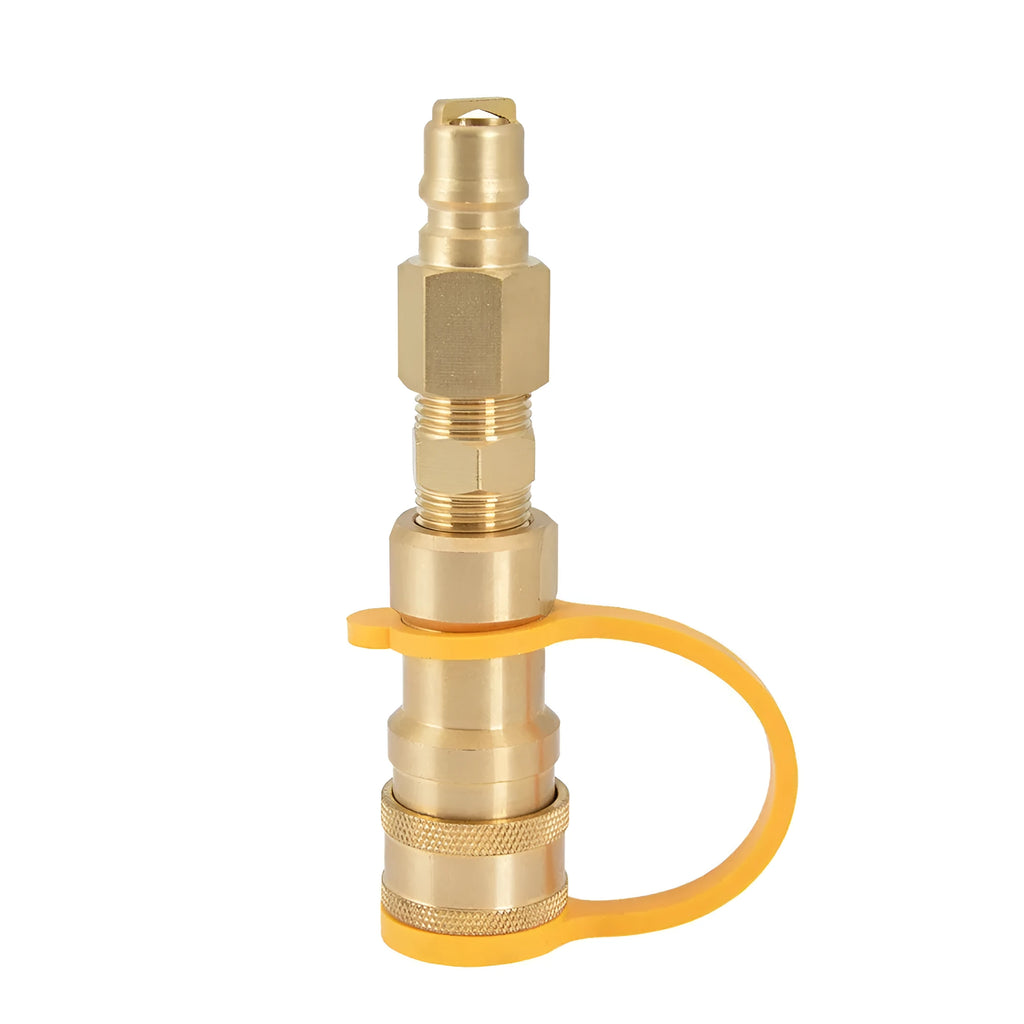 Solid brass propane gas tank charging connector with 3/8 inch US standard threads.