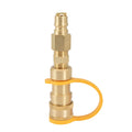 Solid brass propane gas tank charging connector with 3/8 inch US standard threads.