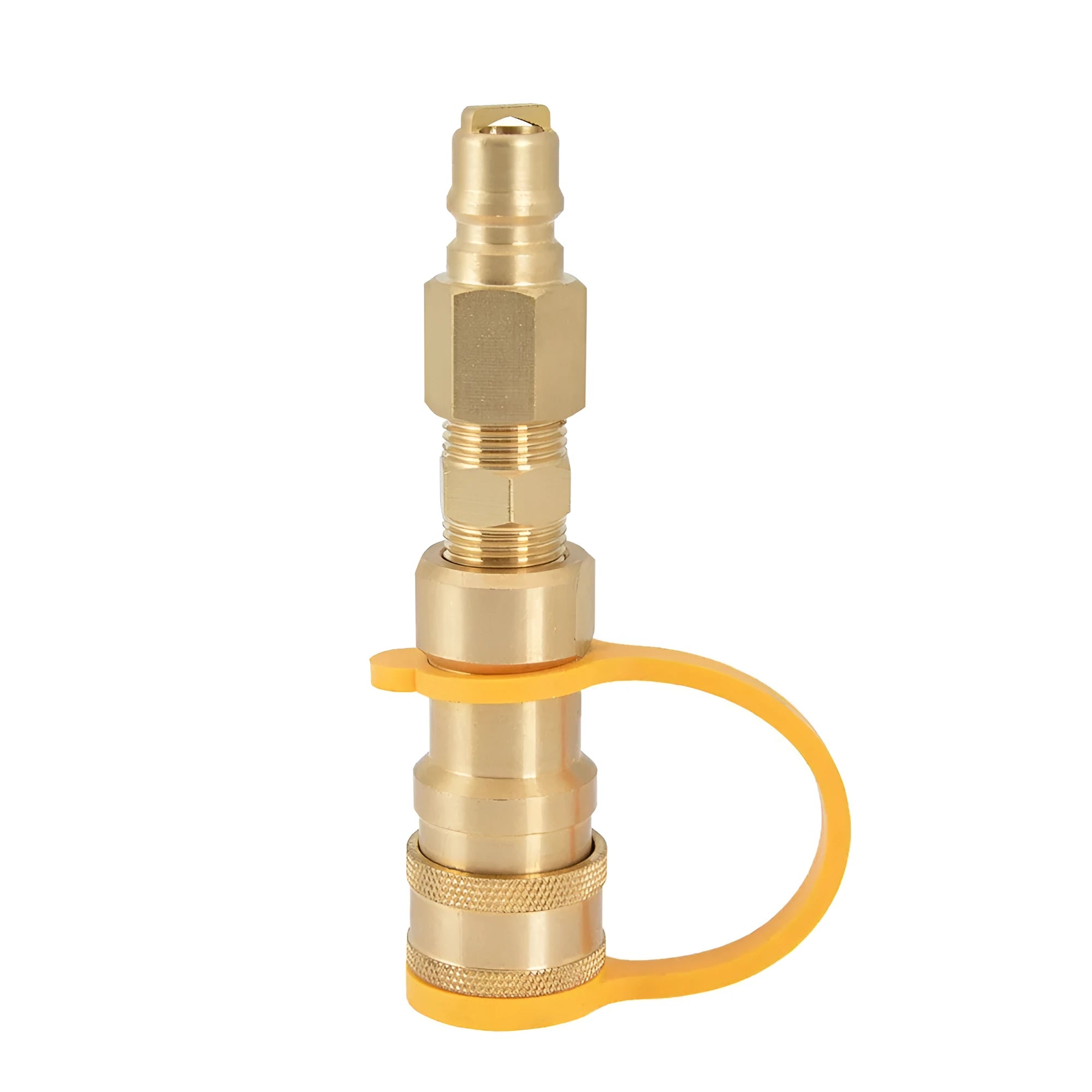 Solid brass propane gas tank charging connector with 3/8 inch US standard threads.