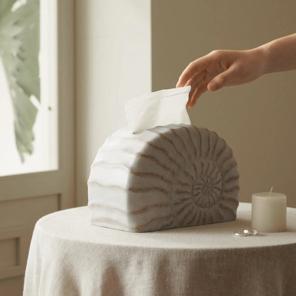 Conch coloured resin tissue box with modern minimalist design for home decor