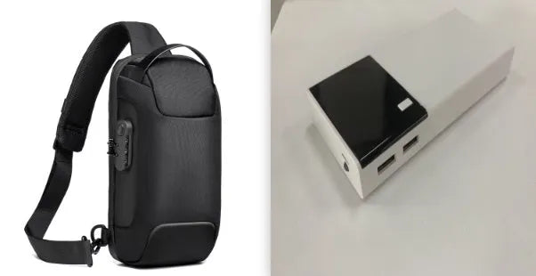Black rectangular 20000mAh portable power bank with a charging cable.