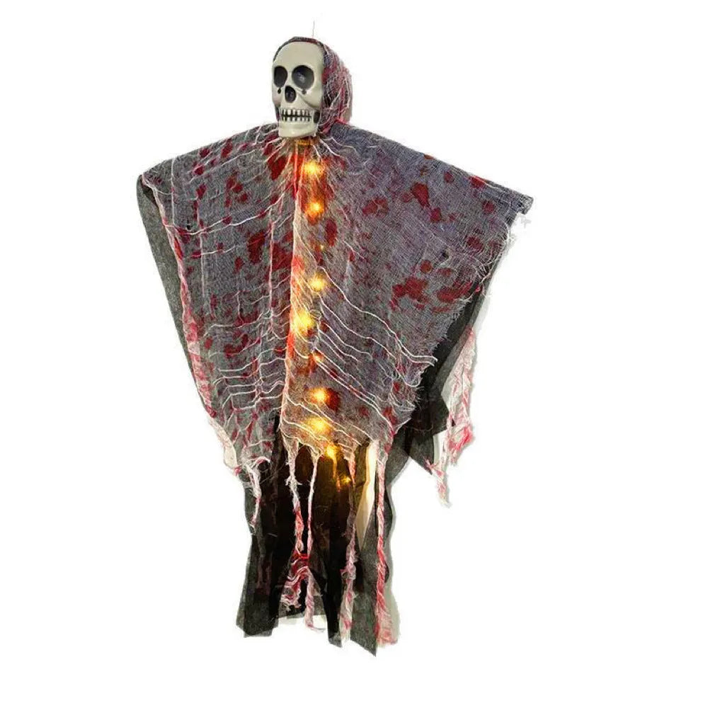 Plastic blood-dyed luminous skull ghost Halloween hanging ornament for outdoor use.
