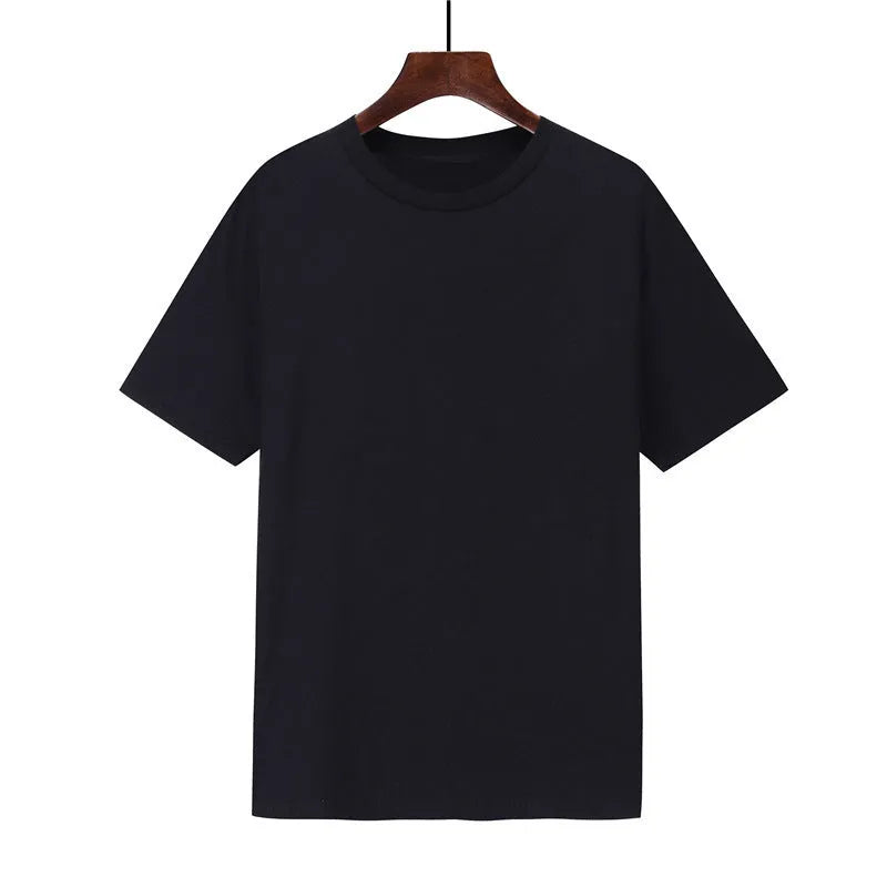 Men's black loose-fit short-sleeve cotton T-shirt with a print, laid flat.