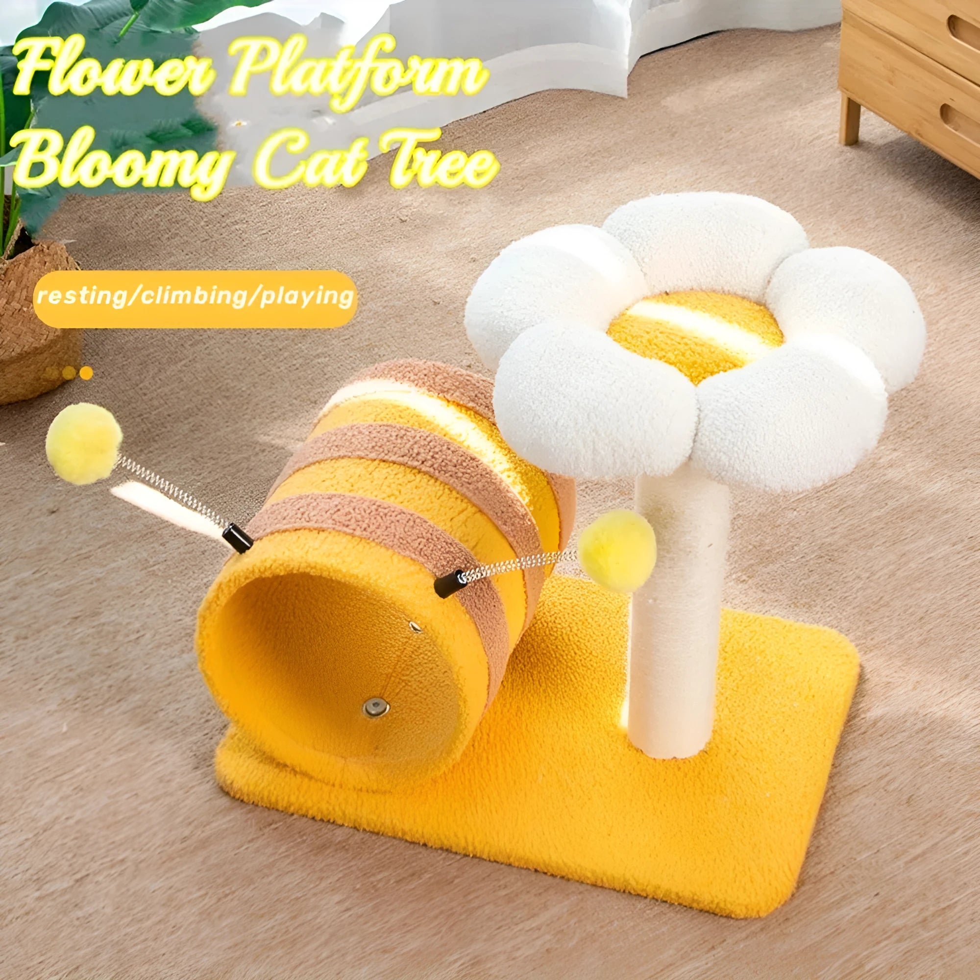 Yellow bee-themed cat climbing frame with sisal scratching board and tunnel, 46cm wide