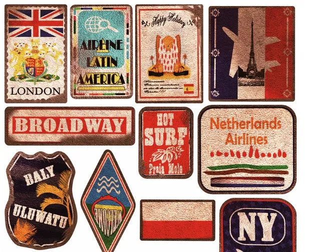 36 retro beach themed stickers with surfing and travel designs in 6-10 cm sizes with matte finish