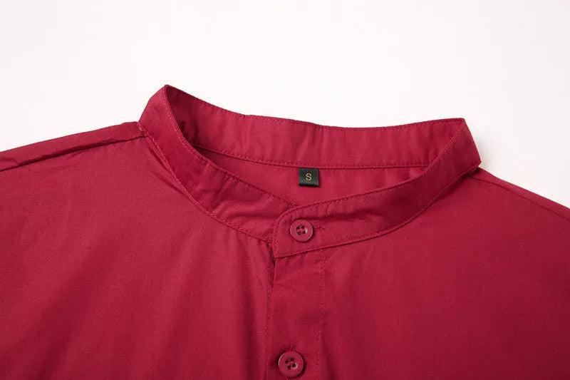 Men's red stand-up collar casual shirt in Chinese style, front view, shown on model