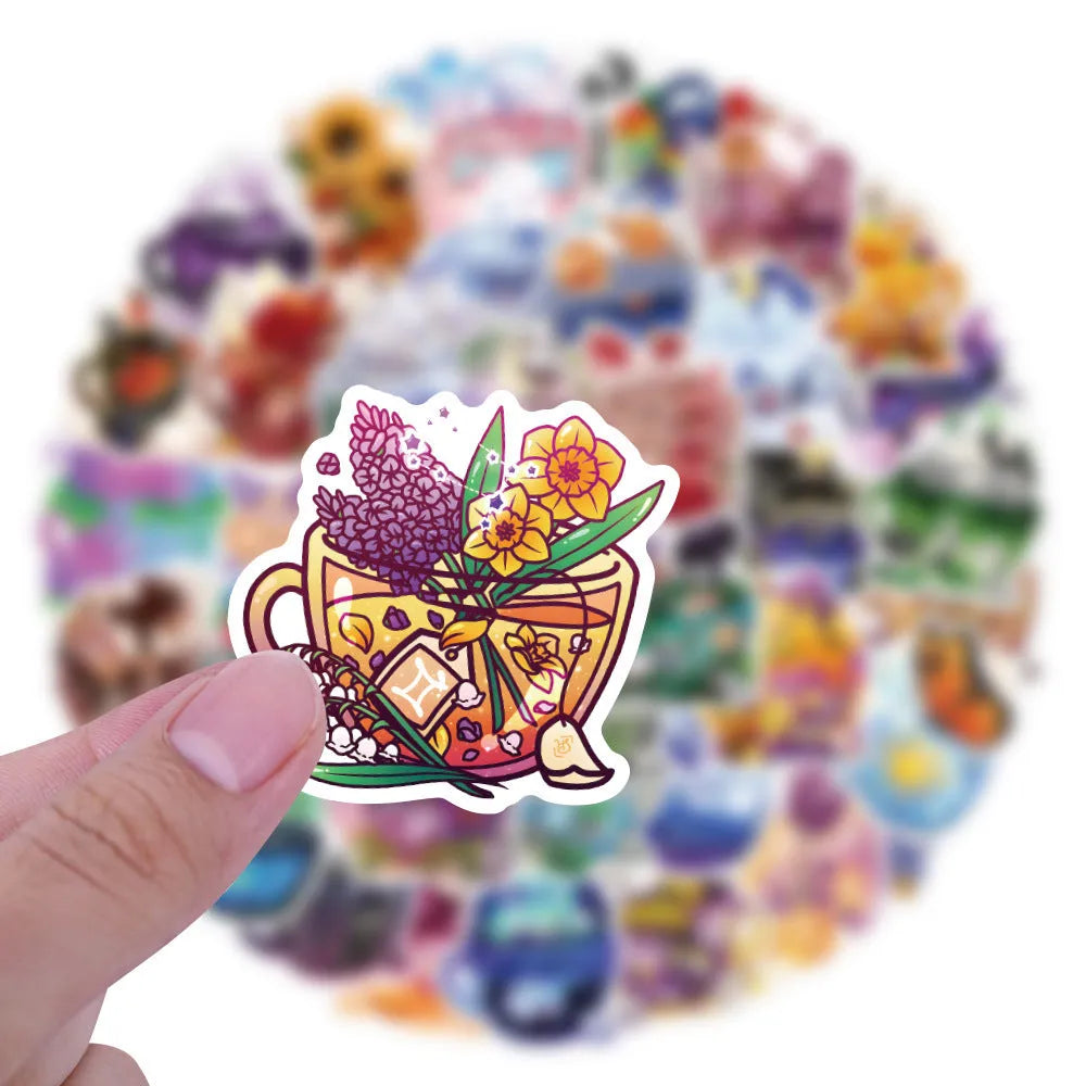 Colourful tea cup graffiti stickers in Nordic style design, 50-piece waterproof pack