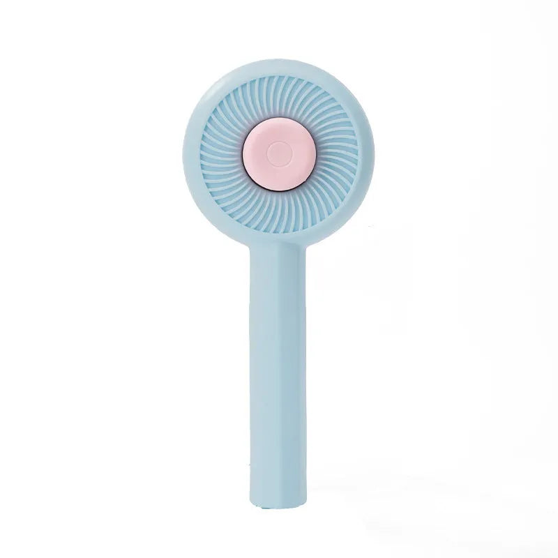 Blue pet grooming brush with self-cleaning button and angled metal needles