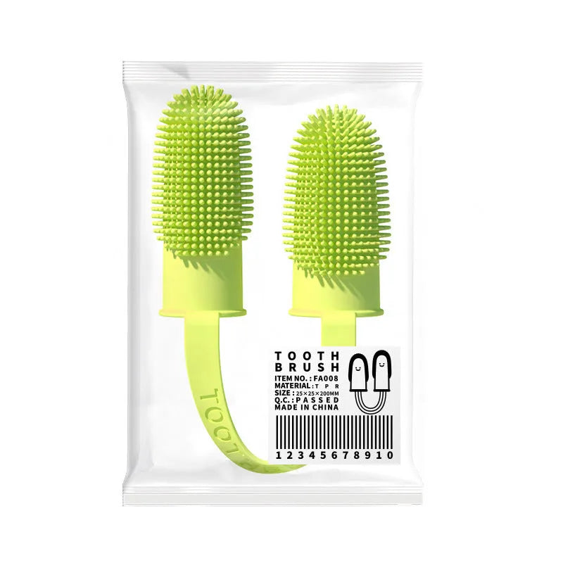 Pet dental cleaning finger brush set in pink, blue green and grass yellow with double finger design and TPR bristles