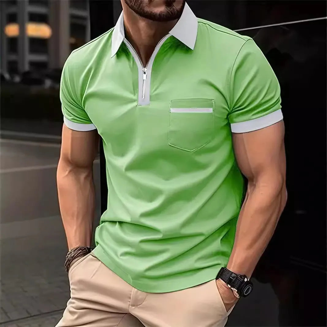 Men's loose fit short sleeve shirt with chest pocket and zipper decoration in multiple colour options