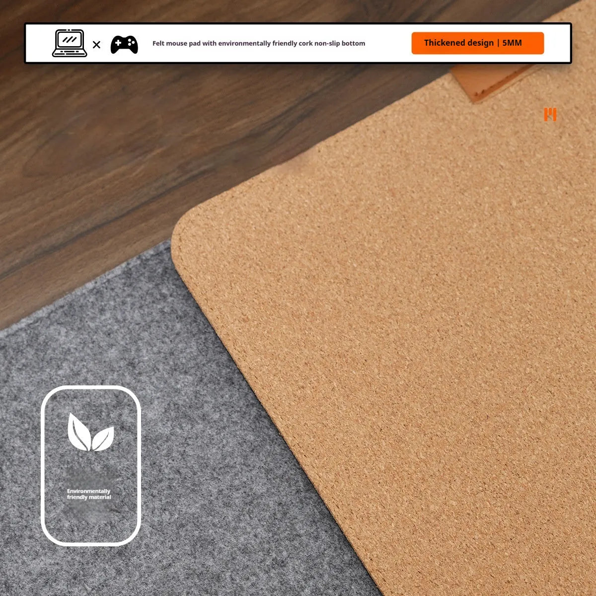 Japanese-style felt cork oversized desk mat mouse pad in black and grey pattern showing 5mm thickness