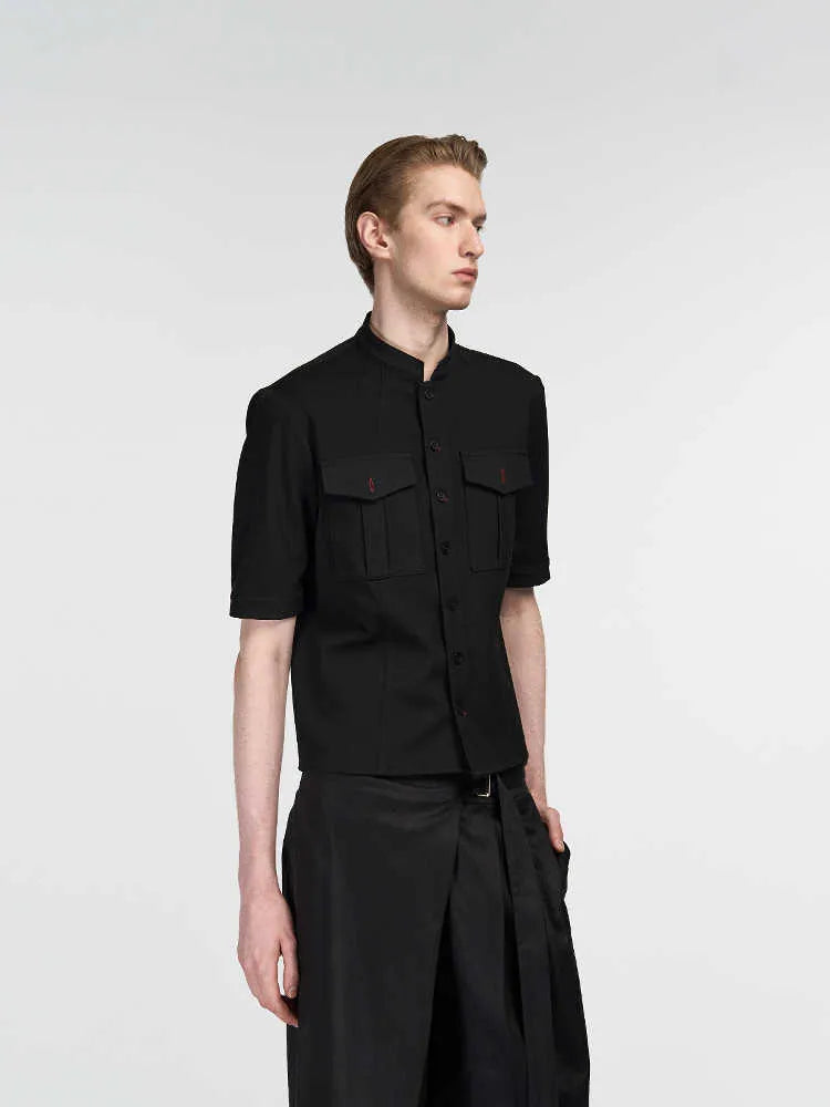 Handmade black half-sleeve hunting shirt with shirt collar and single-breasted placket