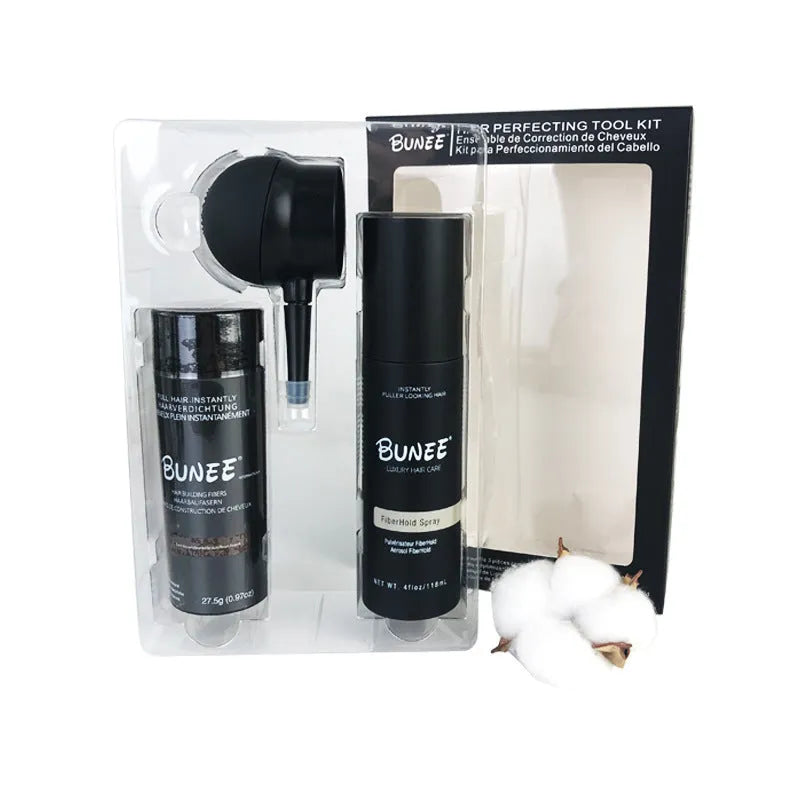 Box of dense hair fibre powder 275g with shaping spray and applicator nozzle for thinning hair coverage