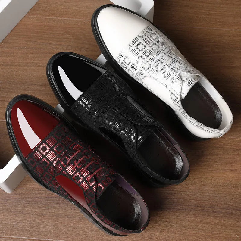 Men's black PU leather business shoes with rubber non-slip sole, side view on light background