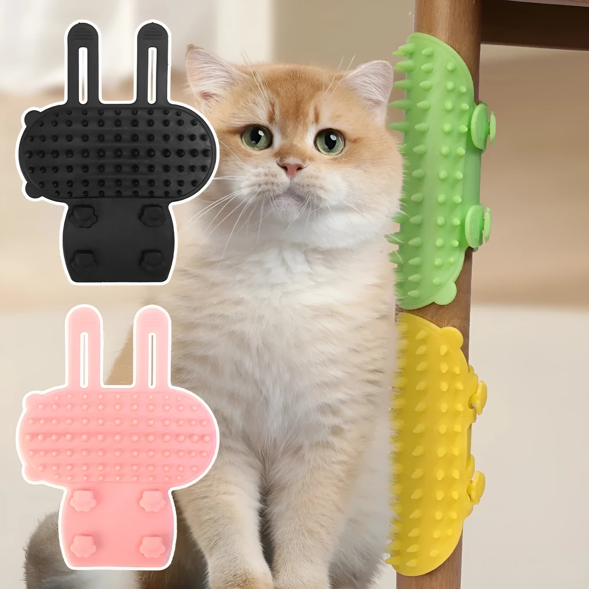Silicone cat grooming and scratching brush with adjustable strap wrapped around a table leg.