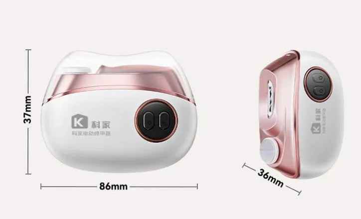 Blue, orange and white electric nail clipper and polisher two-in-one device with USB Type-C cable and cleaning brush.