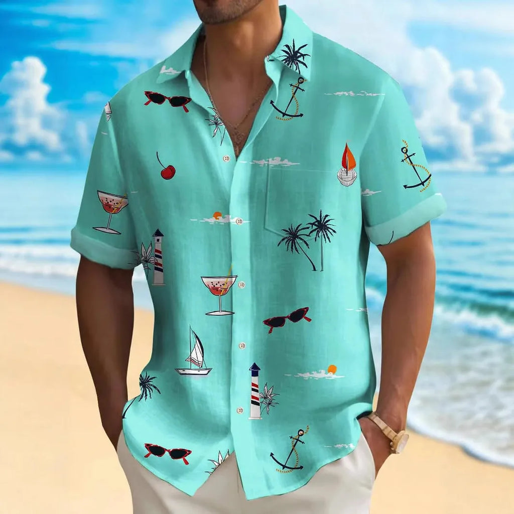 Men's digital print Hawaiian shirt with tropical pattern on polyester fabric in loose fit