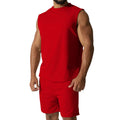 Men's sleeveless cotton blend sports top and matching shorts in a solid colour on a hanger.