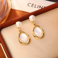 Real gold plated geometric ellipse ear studs on copper base, ins style women's jewellery