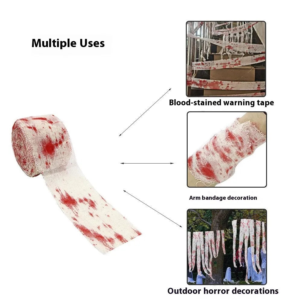 Roll of red polyester horror bandage with bloody print for Halloween decorations and costumes.