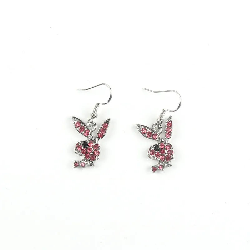 Alloy rabbit stud earrings with full diamond accents in silver, gold, and pink colour options