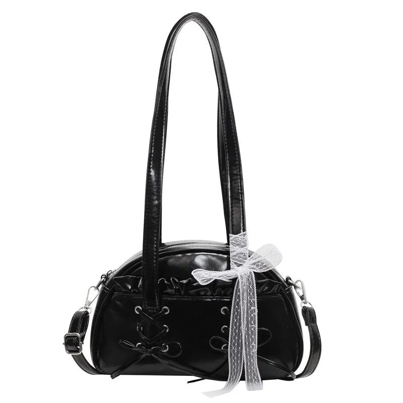 Casual ladies shoulder handbag with bandage bow detail and mobile phone pocket in PU leather