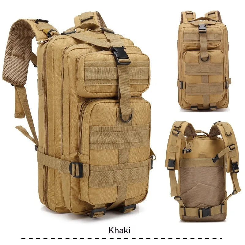 Large khaki Oxford cloth hiking backpack with air pillow belt system, shown for mountaineering use.