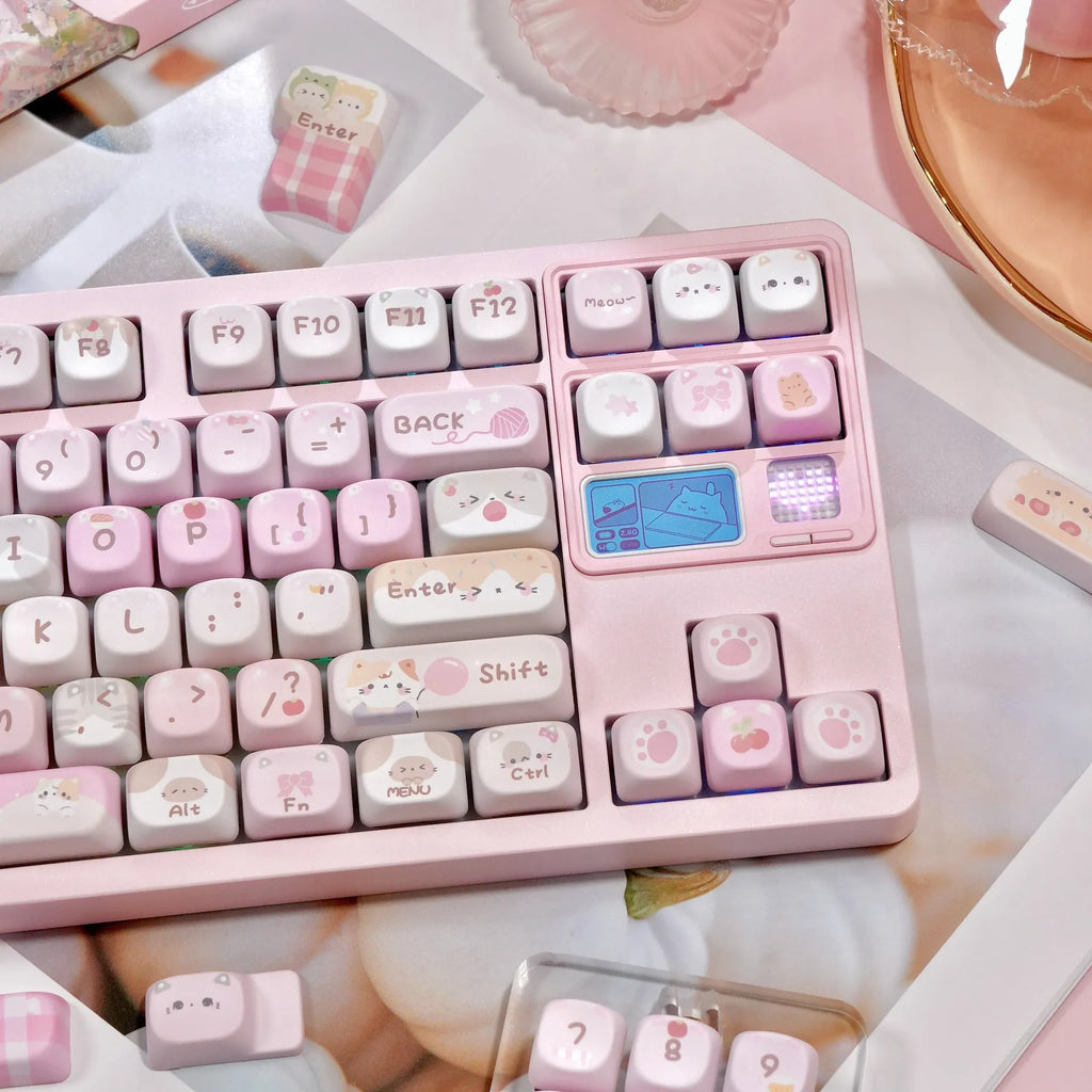 Pink MOA height key caps with cartoon artwork printed on all five sides for mechanical keyboard customisation