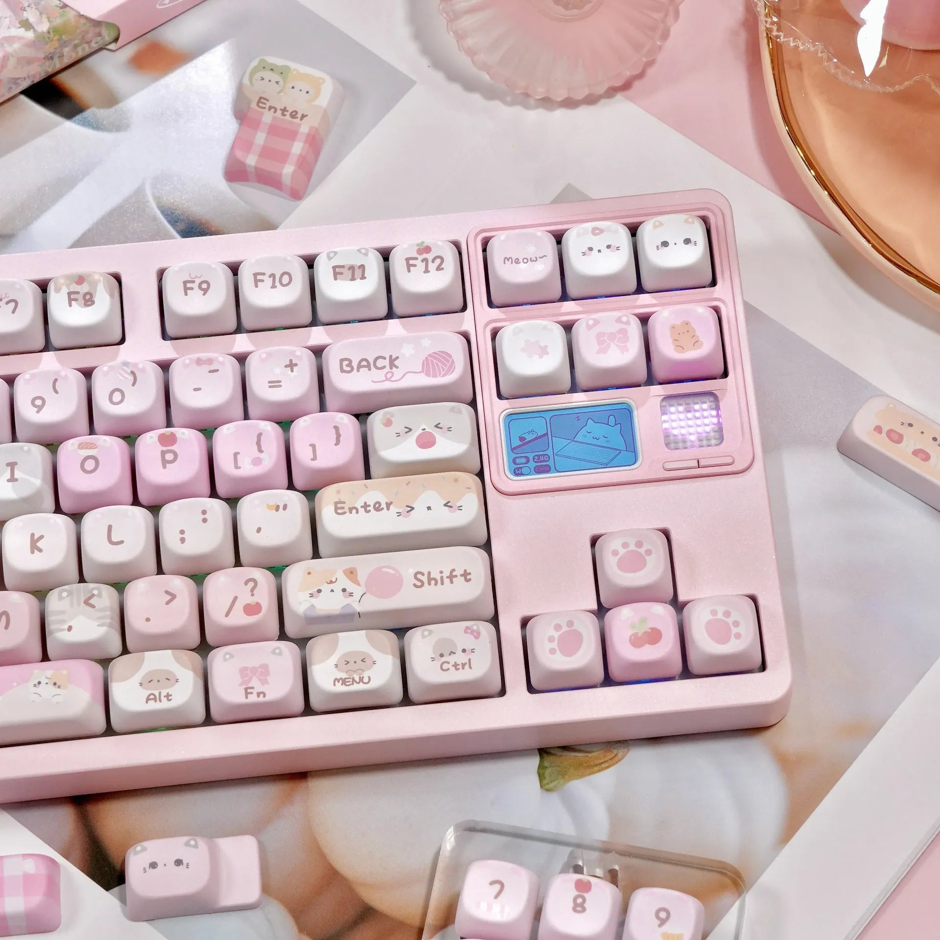 Pink MOA height key caps with cartoon artwork printed on all five sides for mechanical keyboard customisation