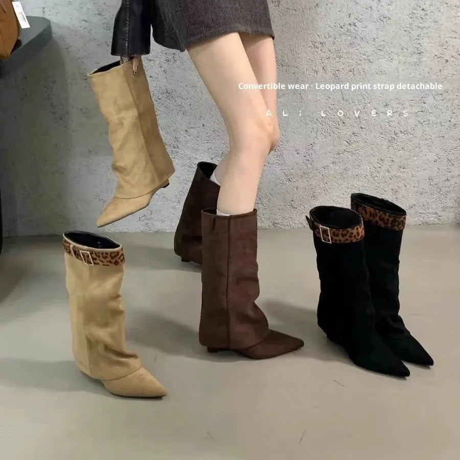 Women's retro Western mid-calf boots with belt buckle, square toe, and front lace-up in khaki colour