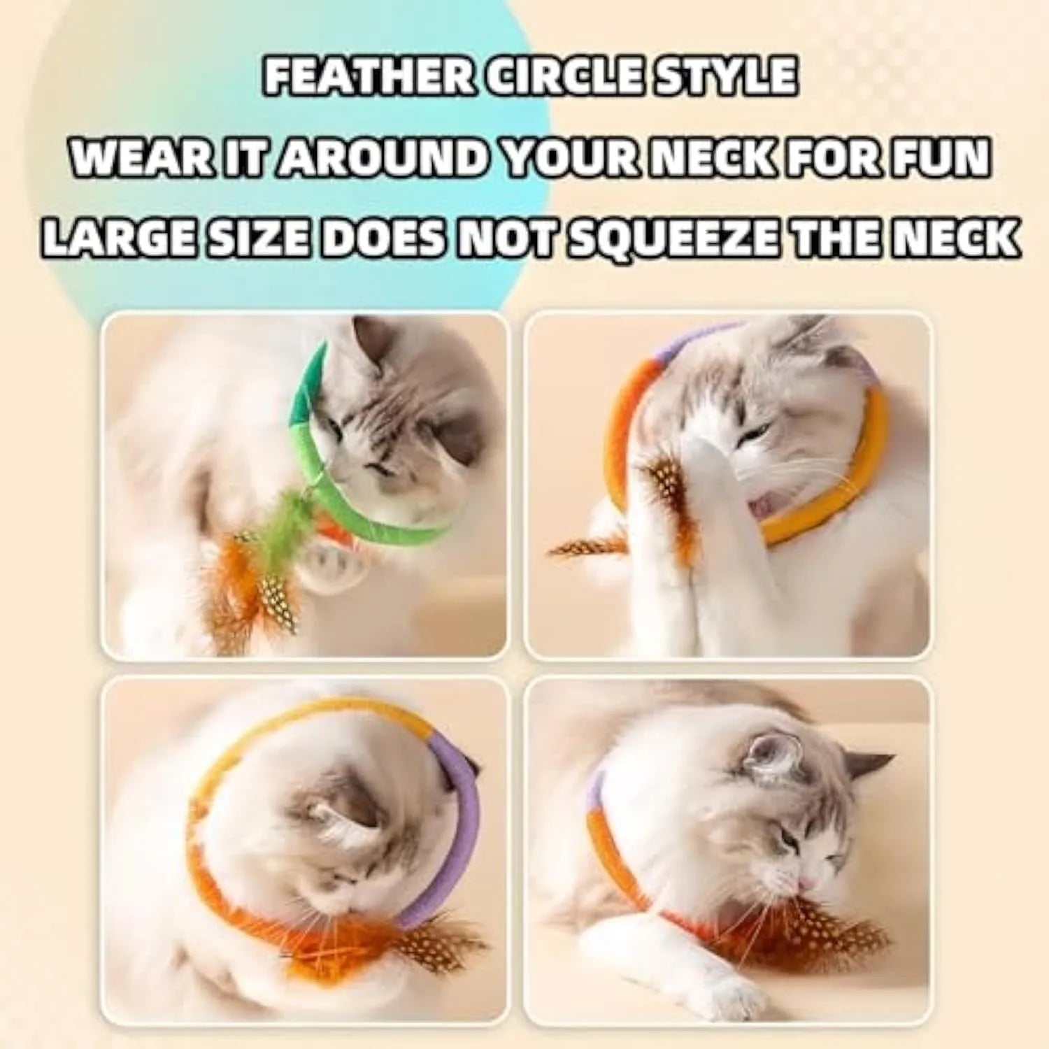 Green circular cotton rope cat toy with white feathers attached for chewing and interactive play.