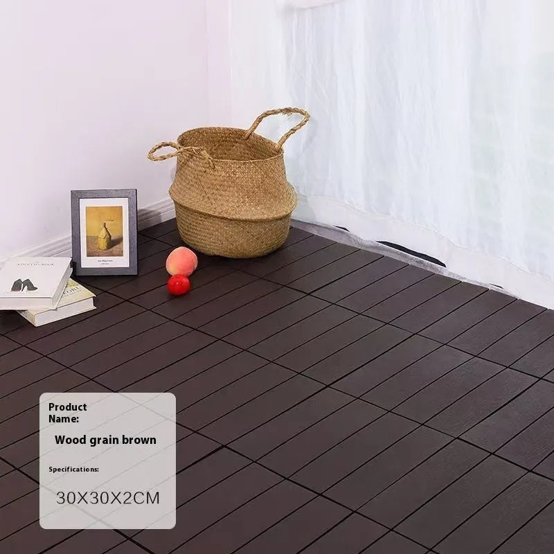 Pack of ten wood grain patterned plastic floor tiles showing 300x300mm size and non-slip surface texture.