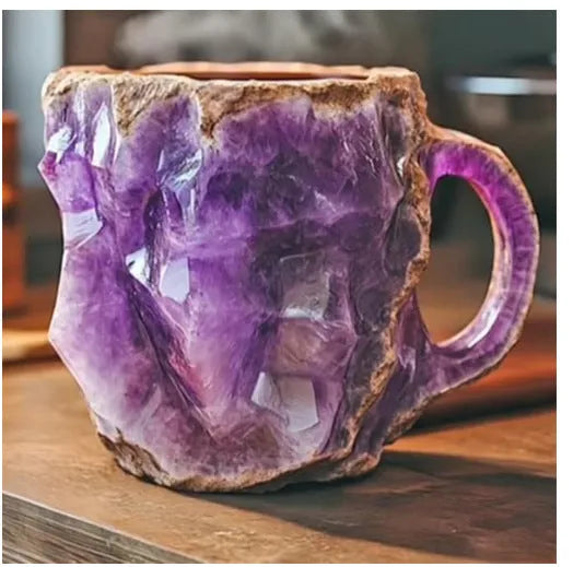 Clear resin coffee mug with handle showing internal crystal structure, 400ml capacity.