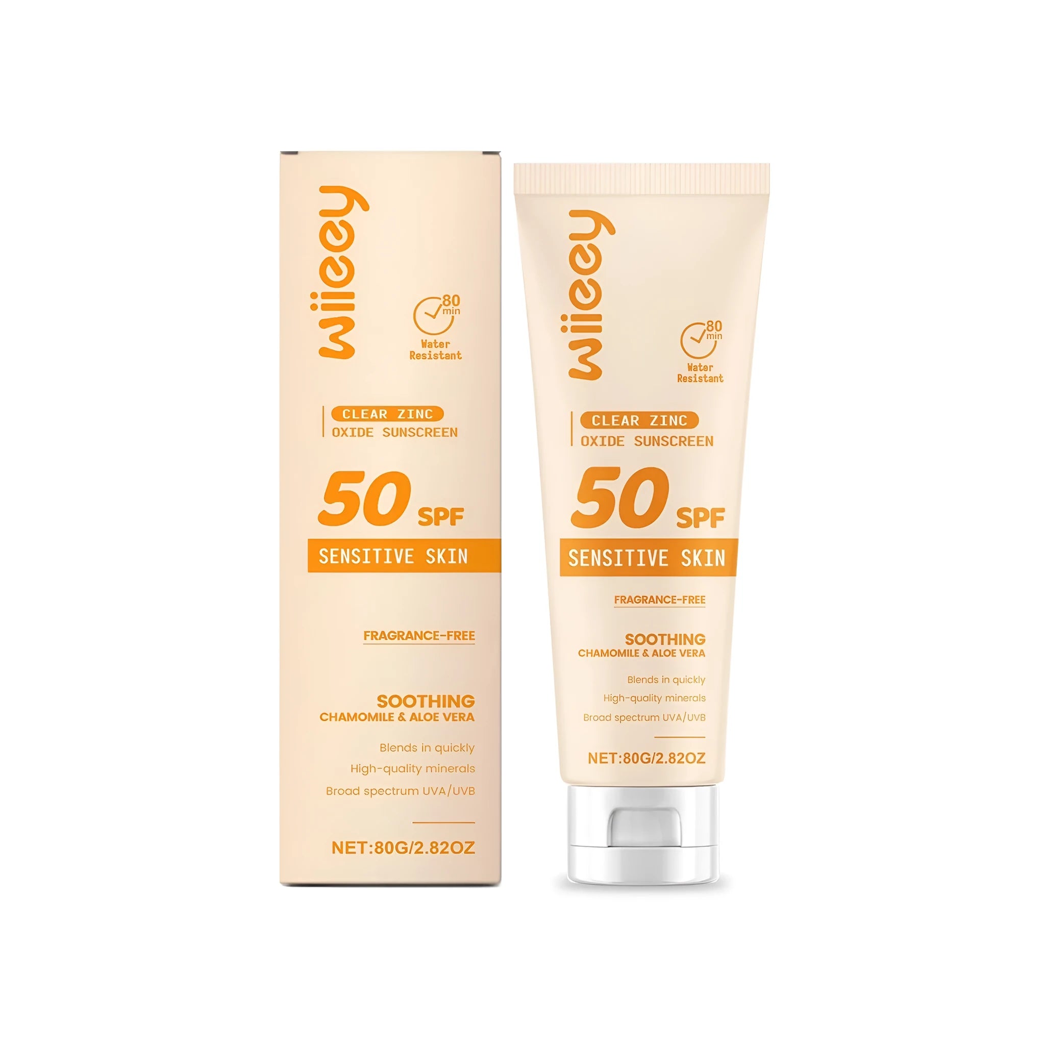 80g tube of clear zinc oxide mineral sunscreen with titanium dioxide and aloe vera.